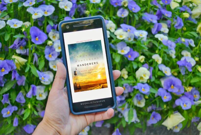 Phone with cover page for Wanderers by Chuck Wendig