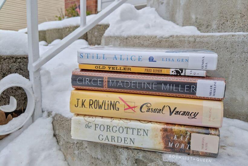 book stack - Still Alice, Old Yeller, Circe, The Casual Vacancy, and The Forgotten Garden